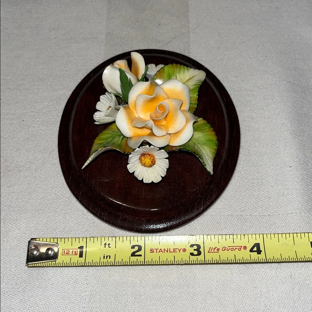 Vintage Handmade Collector Floral Porcelain Hang Wall Decoration On Wood Base